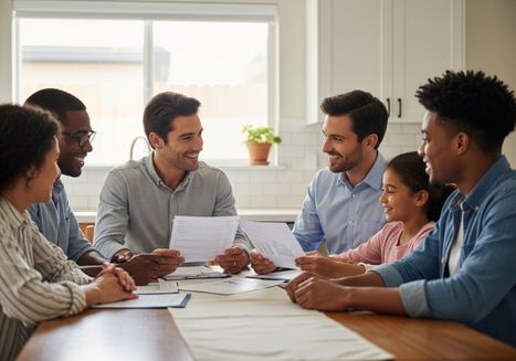 A diverse family of six sits around a wooden table, reviewing financial documents and charts. They are all smiling, indicating a positive and collaborative discussion in a bright, modern kitchen setting. Family Discussing Documents at Table