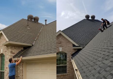 Before-and-after split screen showcasing a home's roof transformation, from aged brown shingles to new, sleek black asphalt shingles; the 'before' shows a man cleaning gutters, while the 'after' features a roofer installing shingles. Roof Replacement Before and After