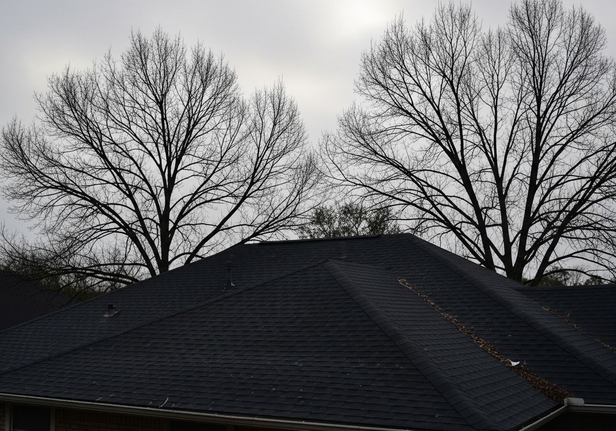 Black Roof and Bare Trees Against Overcast Sky