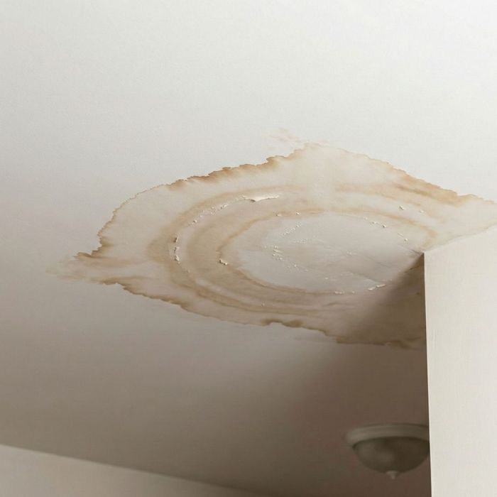 A brown water stain on a white ceiling, indicating a roof leak