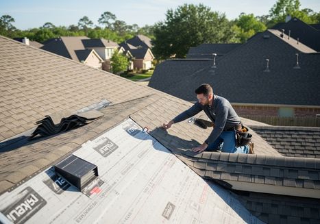A skilled roofer is on his knees, expertly installing new asphalt shingles on a residential roof, ensuring a durable and weather-resistant surface. Roofer Repairing Asphalt Shingle Roof