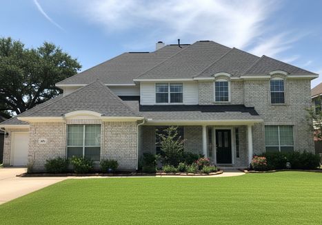 Two-story brick house with manicured lawn