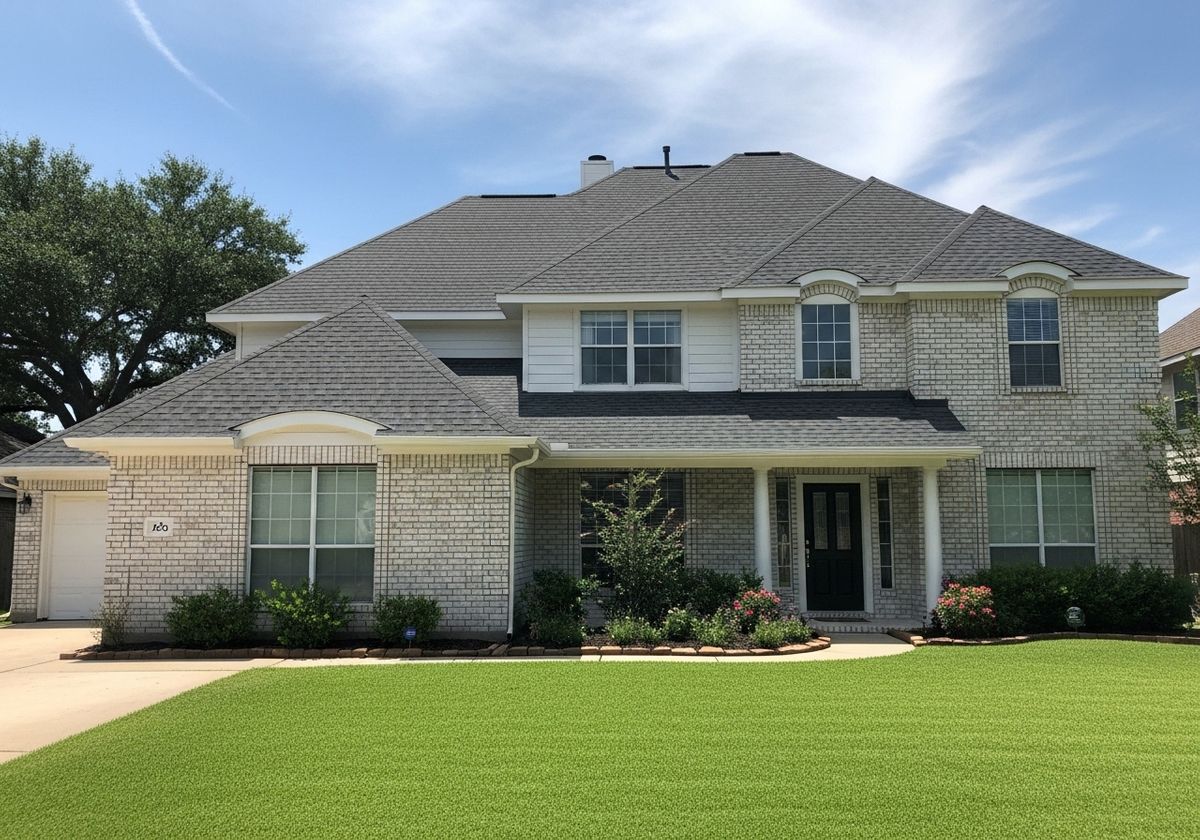 Two-story brick house with manicured lawn