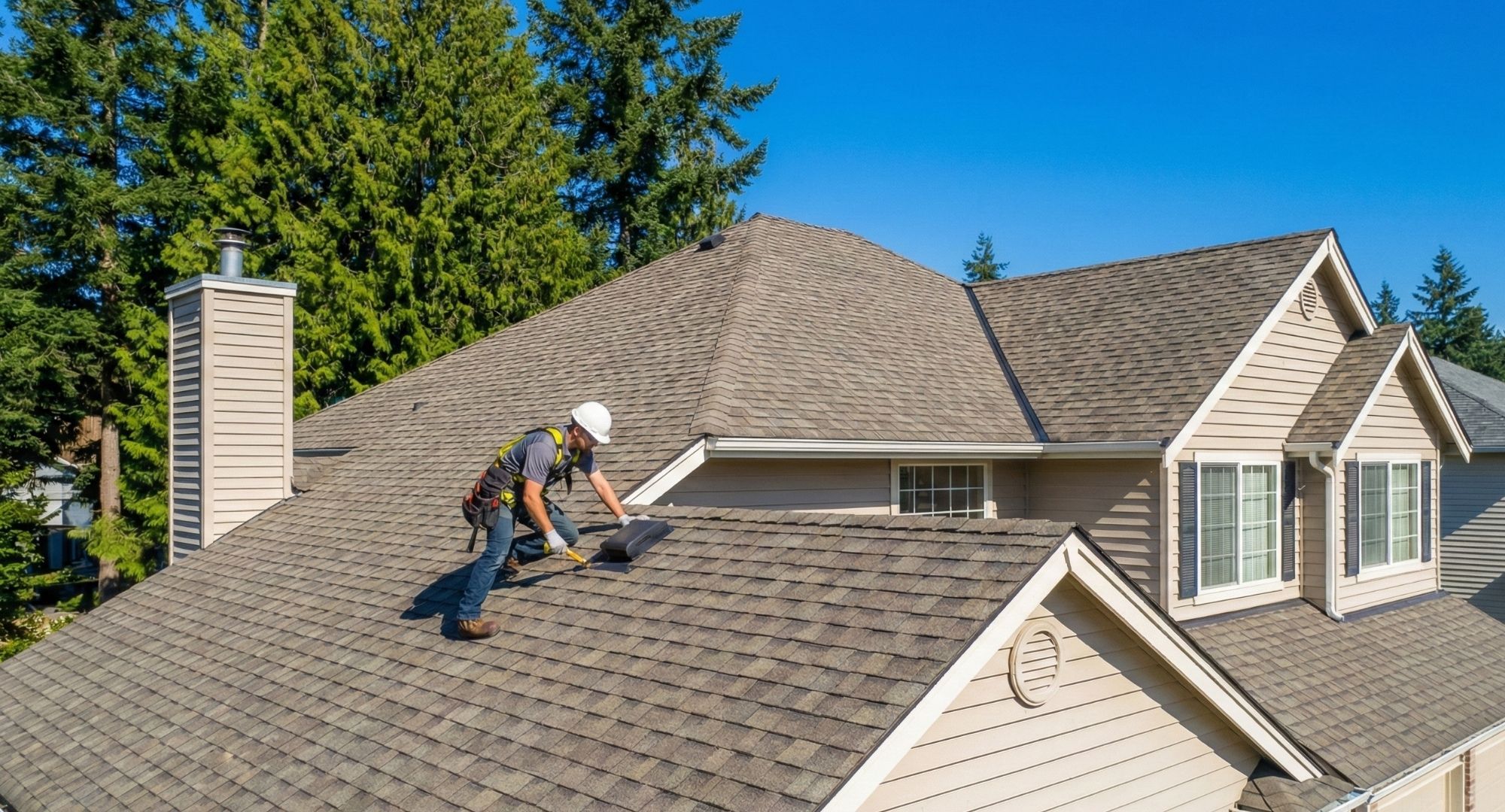 A professional roofing contractor from Strata Roofing and Construction inspecting a residential shingle roof.