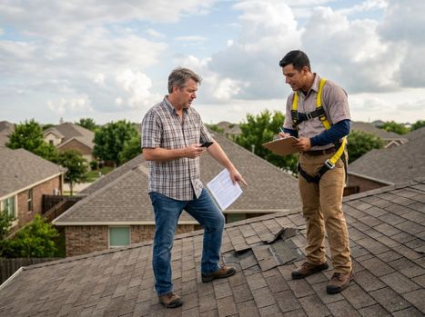A homeowner and a roofer inspect damaged shingles on a residential roof, discussing repairs or an insurance claim, with houses in the background. Homeowner and Roofer Inspecting Damaged Roof