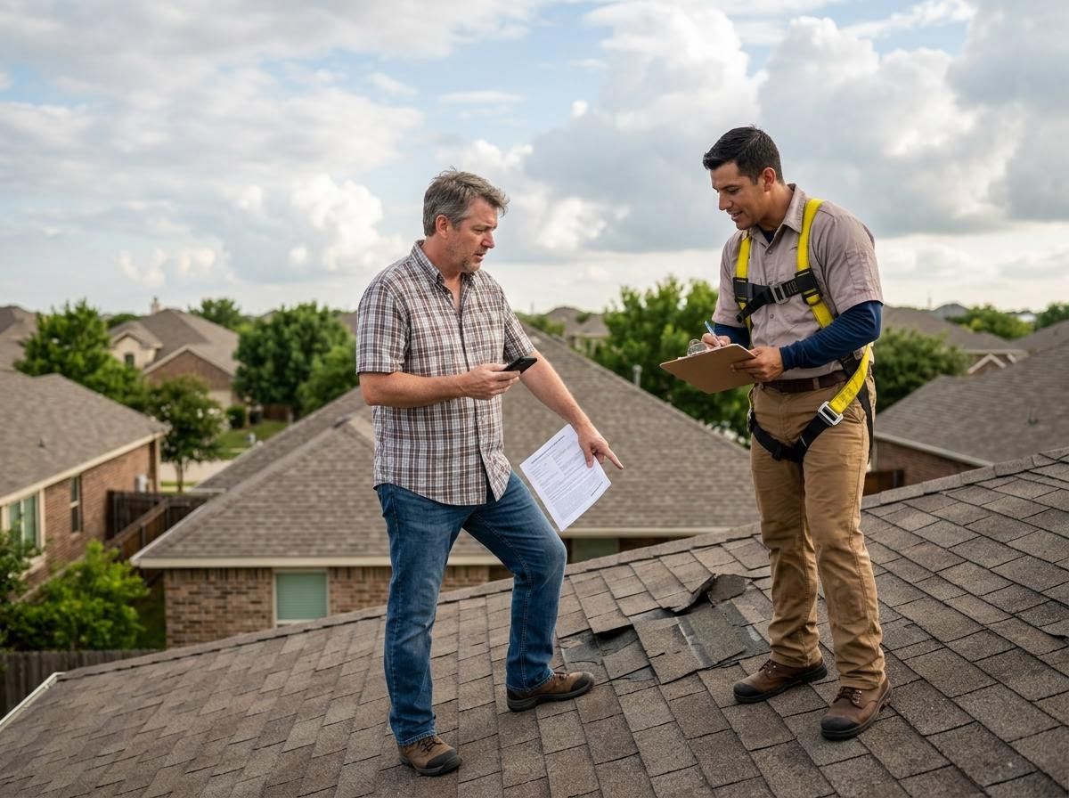 Homeowner and Roofer Inspecting Damaged Roof