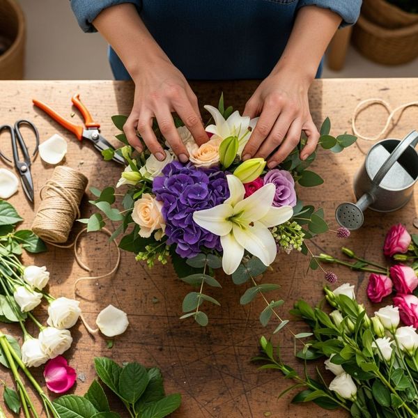overhead shot of a florist's hands artfully arranging a custom bouquet on a rustic wooden workbench. Various fresh blooms, greenery, and florist tools are scattered around
