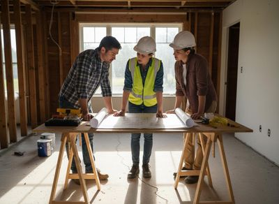 Three construction workers reviewing blueprints