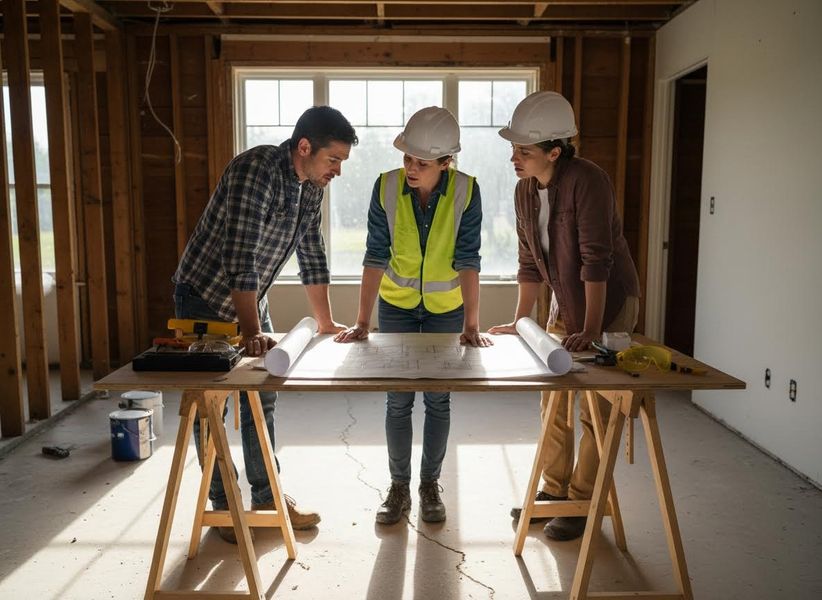 Two women and a man in hard hats examining architectural blueprints on a table inside a house under renovation, planning new construction. Three construction workers reviewing blueprints