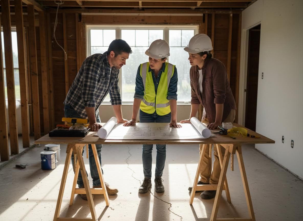 Three construction workers reviewing blueprints