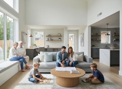 Multi-generational family in a modern open-concept living room