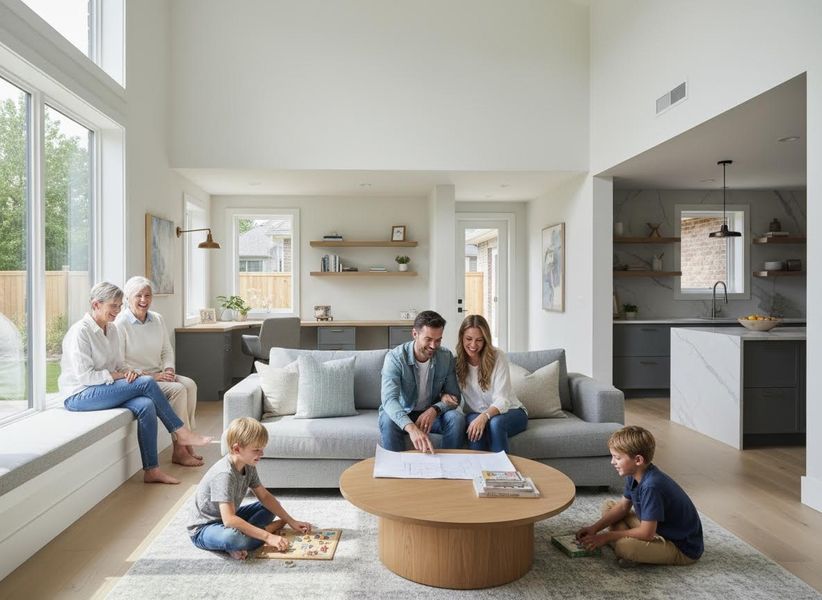 Multi-generational family in a modern open-concept living room