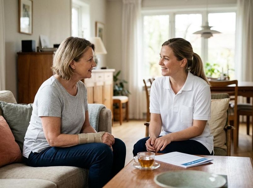 caregiver sits in a living room with a senior