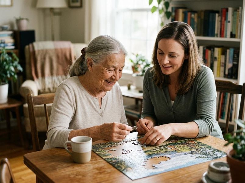 caregiver does a puzzle with a senior