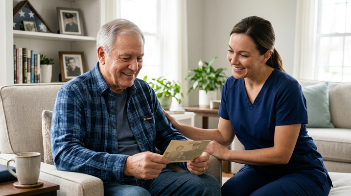 A smiling senior man and his female caregiver in blue scrubs look at an old photo. The caregiver's hand is on his shoulder, sharing a warm moment. Smiling Senior Man and Caregiver with Photo