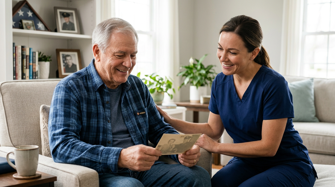 Smiling Senior Man and Caregiver with Photo