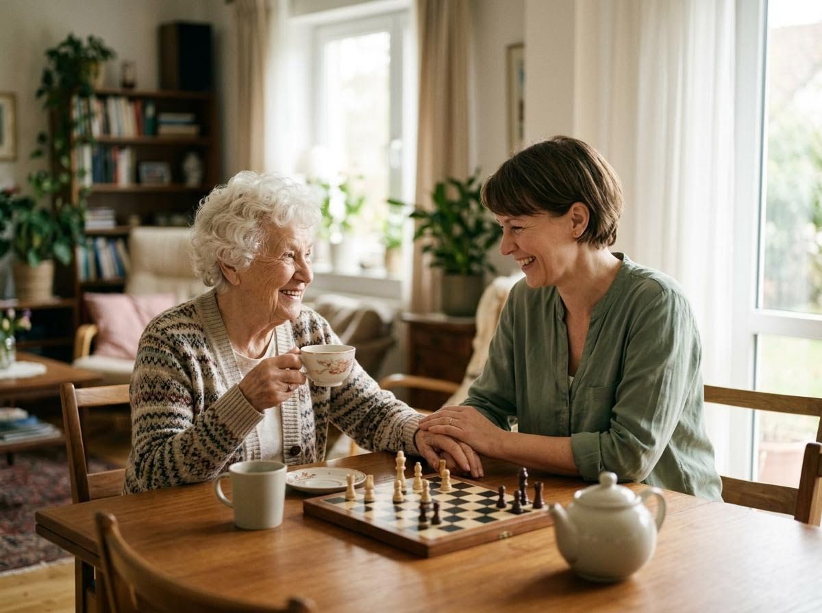 caregiver plays chess and drinks tea with a senior