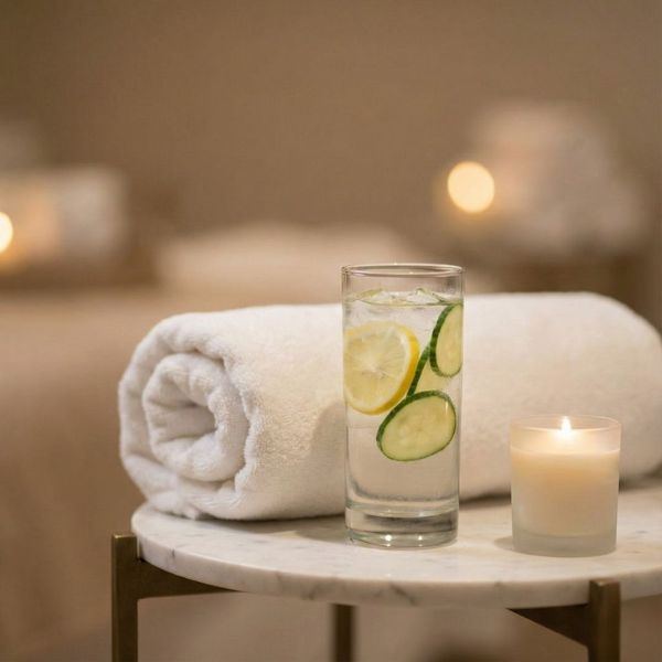A tall glass of cucumber and lemon infused water with ice, next to a lit candle and a rolled white spa robe on a marble table.