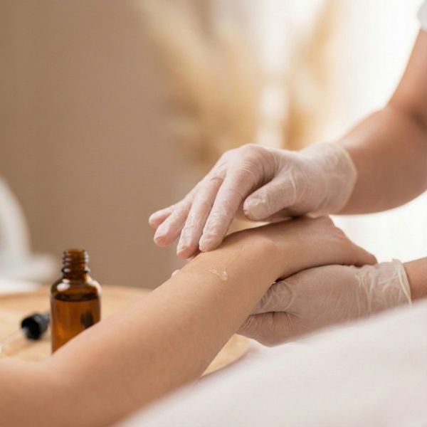 Esthetician in white gloves gently applying soothing post-wax oil to a client's forearm, with a small amber bottle in the background.