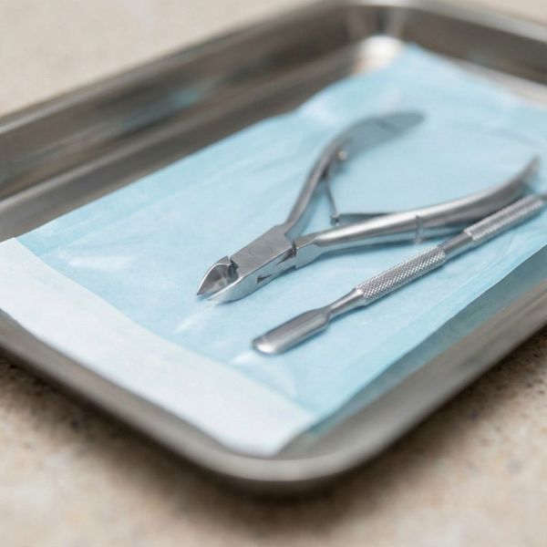 A macro shot of sterilized nail tools in a pouch on a clean tray, emphasizing hygiene.