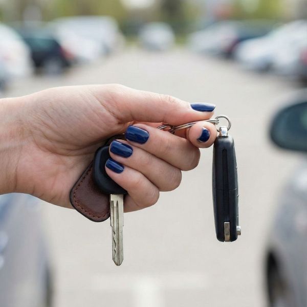 A close-up of a hand with a fresh dark blue manicure holding car keys, with a blurred outdoor parking lot in the background, implying a quick getaway.