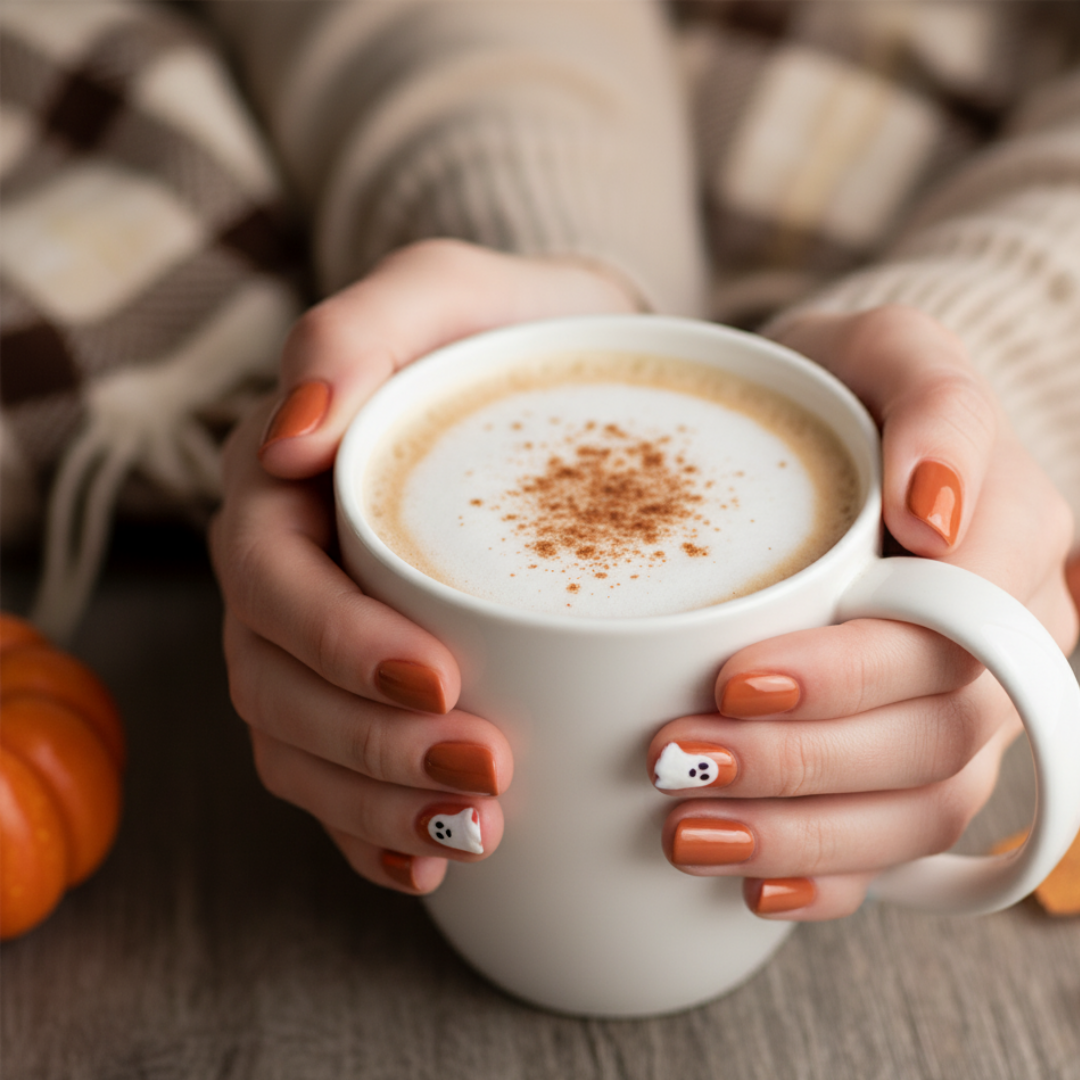 orange nails with a small ghost