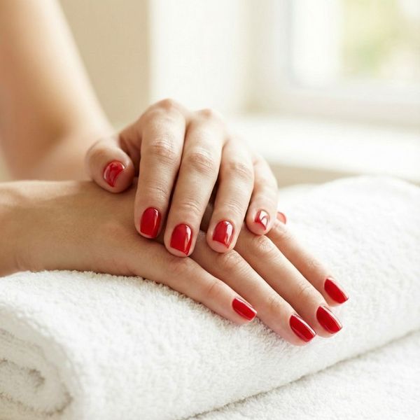 A close-up of a woman's relaxed hands with a classic red manicure resting on a plush white towel, with a soft, natural light background.