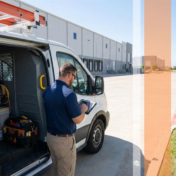 A Texas Industrial Services technician wearing a branded polo standing next to a service van and using a tablet to monitor a commercial security system installation.