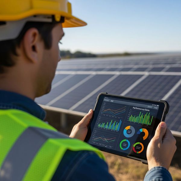 An engineer monitoring solar farm energy output on a digital tablet inside a modern control center.