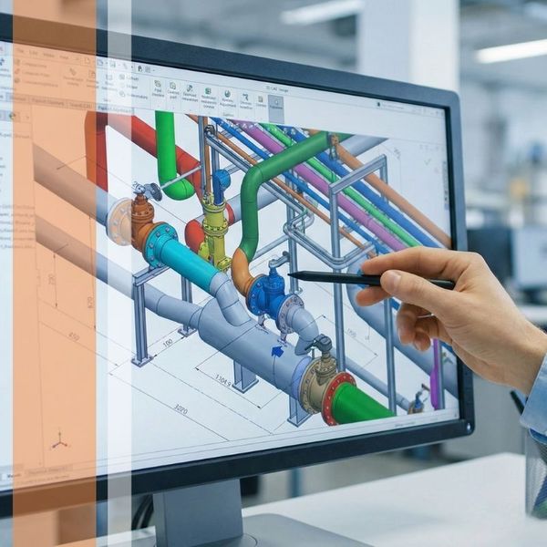 Professional 3D mechanical design software showing a detailed industrial piping layout with valves, supports, and multidimensional routing for facility planning. Professional 3D mechanical design software showing a detailed industrial piping layout with valves, supports, and multidimensional routing for facility planning.