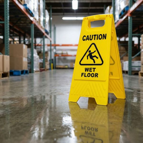 Yellow wet floor caution sign standing on a glossy, damp industrial concrete floor in a warehouse aisle.