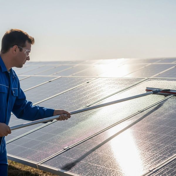A worker in uniform conducting preventative maintenance by cleaning solar panels at a large solar facility.