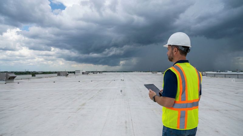 Inspector on commercial flat roof in Texas preparing for hail season storm.