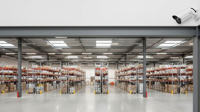 A wide-angle view of a modern industrial facility with a high-definition security camera mounted for surveillance.