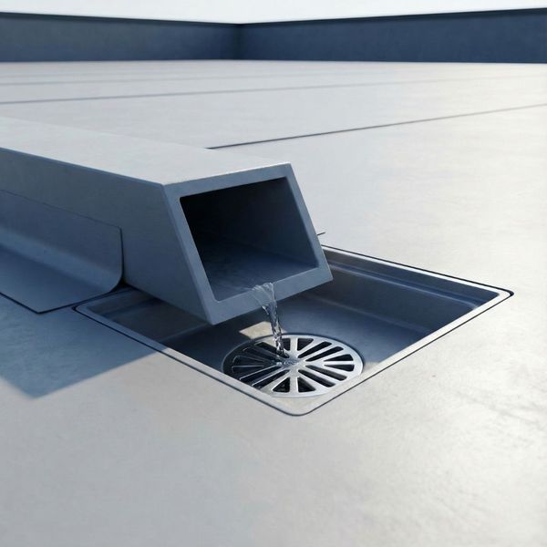 Clean commercial roof drain system ready for heavy rain and storm water.