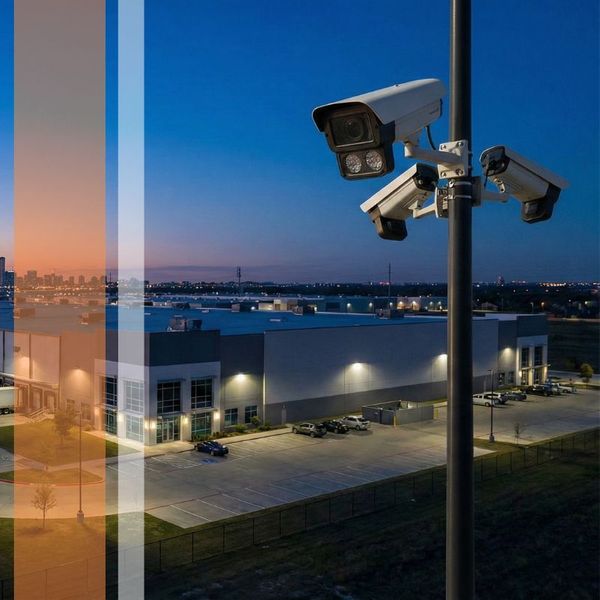 High-definition security cameras on a utility pole overlooking a large industrial warehouse in Dallas at dusk with the city skyline in the background.