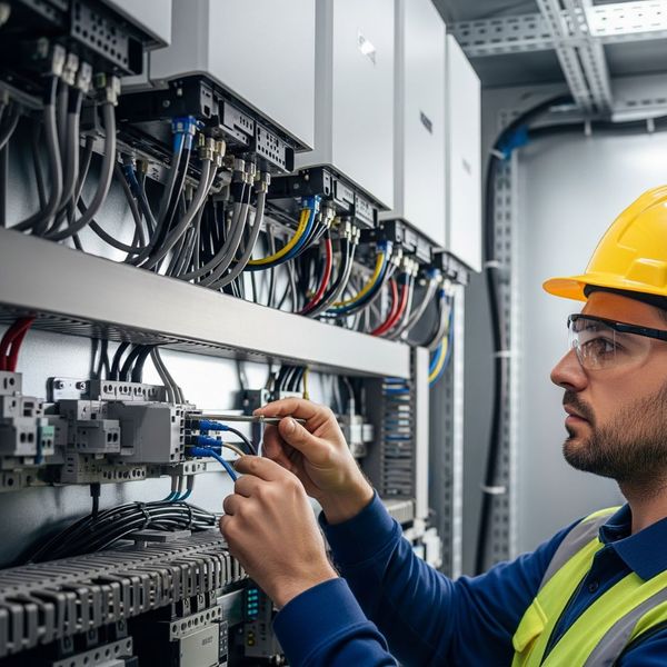 A technician performing a safety check on the high-voltage electrical wiring of a utility-scale solar inverter.