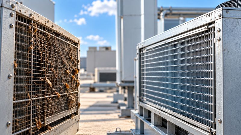 Dirty commercial HVAC coil with debris restricting airflow beside a clean coil