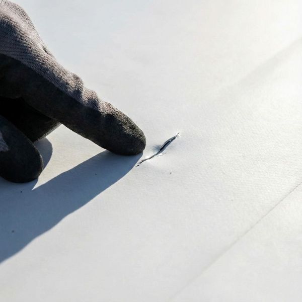 Close up of roof inspector identifying damage on commercial flat roof membrane.