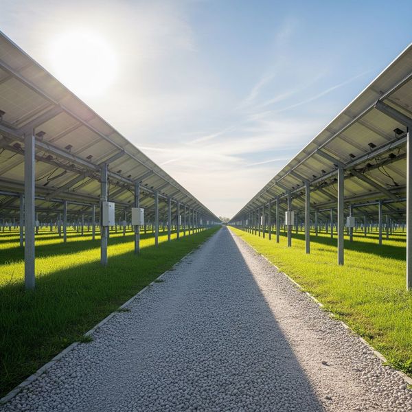 Well-maintained grounds at a solar farm, showing clear land and no overgrown vegetation near the panels.