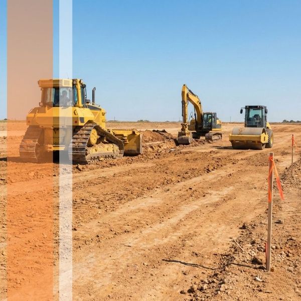 Heavy industrial construction equipment, including a bulldozer and excavator, performing extensive site preparation, grading, and soil compaction for land development.