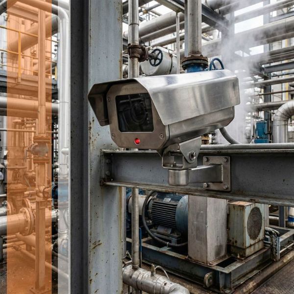 A specialized, ruggedized explosion-proof security camera installed on a metal support beam within a high-heat industrial manufacturing plant.