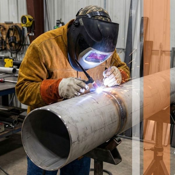Certified industrial welder performing high-precision TIG welding on a large-diameter stainless steel pipe section for a plumbing system installation. Certified industrial welder performing high-precision TIG welding on a large-diameter stainless steel pipe section for a plumbing system installation.