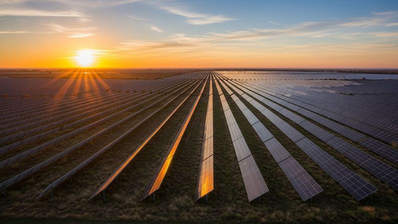 A wide-angle view of a large Texas solar farm with countless panels gleaming in the early morning sun.