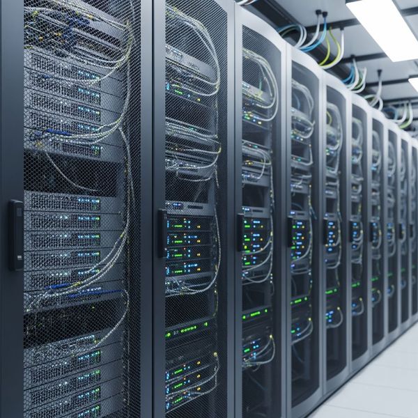 A secure server room with racks of equipment, symbolizing safe data storage for security footage.