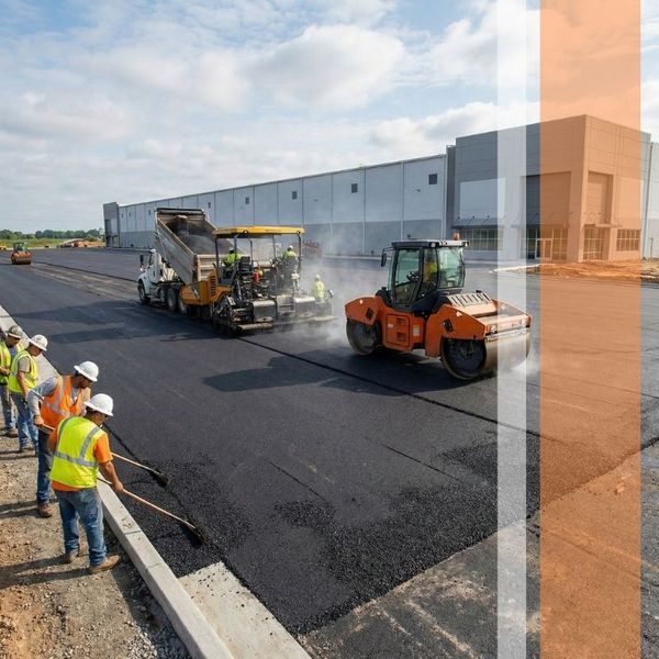 An asphalt paving crew uses heavy machinery to install a durable, high-load parking lot and loading dock infrastructure for a newly constructed industrial building.