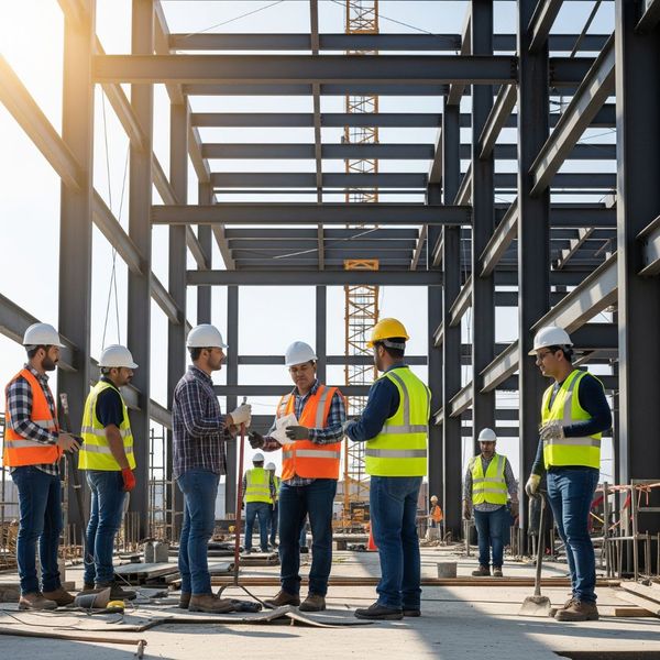 Collaborative construction team on a site with steel framework Collaborative construction team on a site with steel framework
