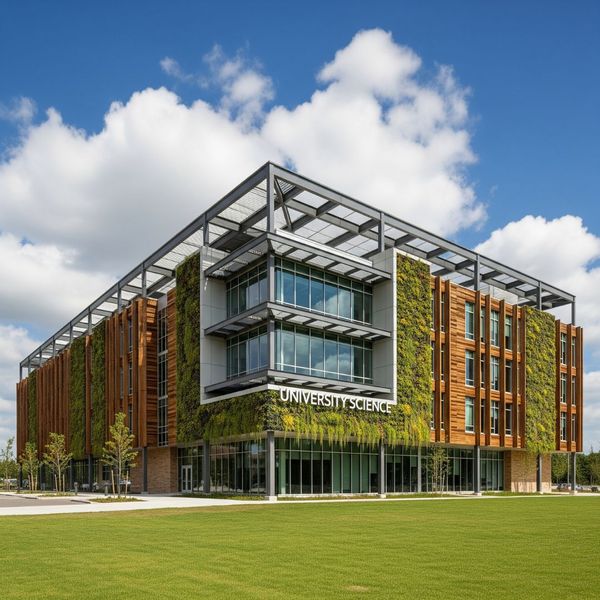 The full exterior of a university science building that integrates recycled steel beams and a vertical garden. The full exterior of a university science building that integrates recycled steel beams and a vertical garden.