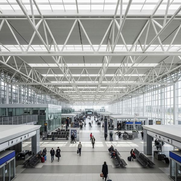 The bright, vast interior of a finished airport terminal with an exposed structural steel truss ceiling. The bright, vast interior of a finished airport terminal with an exposed structural steel truss ceiling.