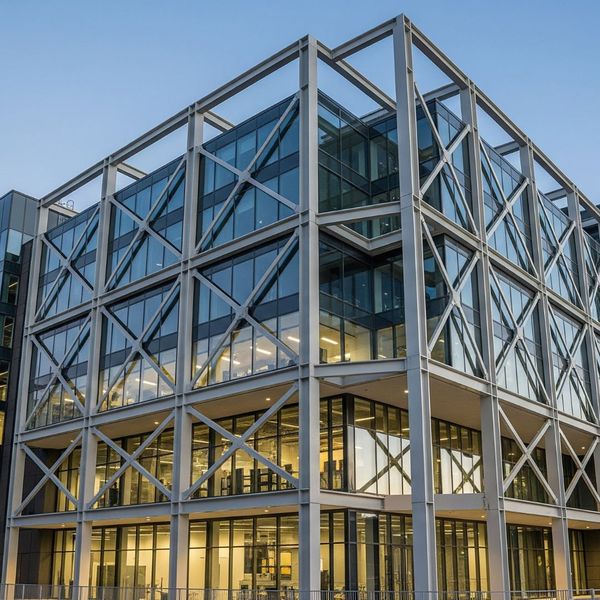 A low-angle shot of a complete, modern office building with a glass facade that reveals its structural steel frame. A low-angle shot of a complete, modern office building with a glass facade that reveals its structural steel frame.
